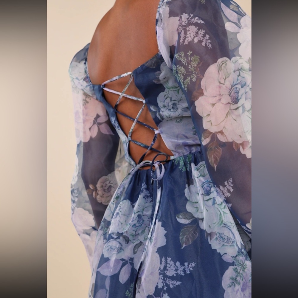 Lulus Positively Enchanting Blue Floral Organza Bustier Mini Dress - Size M - Picture 4 of 9